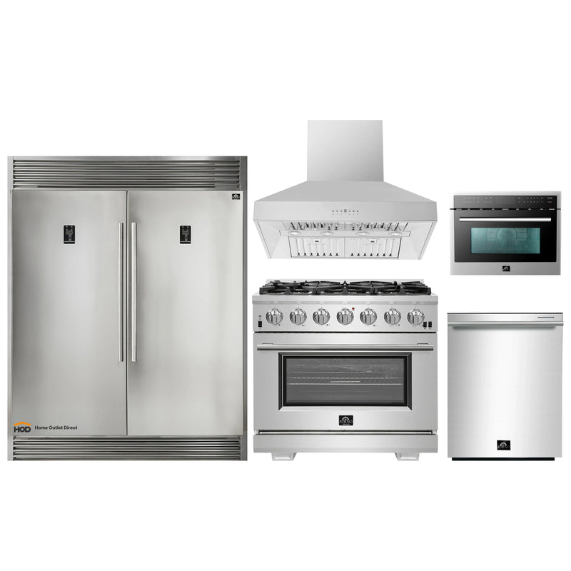 Forno 5-Piece Pro Appliance Package - 36-Inch Gas Range, 60-Inch Pro-Style Refrigerator, Wall Mount Hood, Microwave Oven, & 3-Rack Dishwasher in Stainless Steel