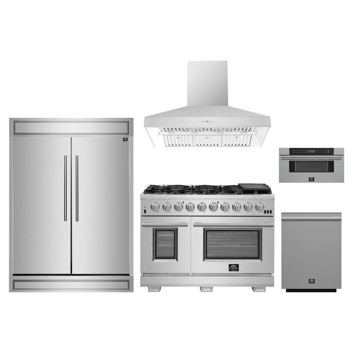 Forno 5-Piece Pro Appliance Package - 48-Inch Gas Range, 60-Inch Pro-Style Refrigerator, Wall Mount Hood, 30-Inch Microwave Drawer, & 3-Rack Dishwasher in Stainless Steel