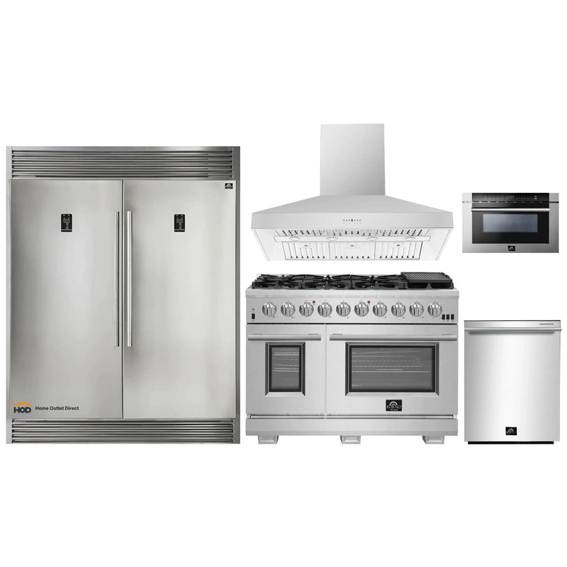 Forno 5-Piece Pro Appliance Package - 48-Inch Gas Range, 60-Inch Pro-Style Refrigerator, Wall Mount Hood, Microwave Drawer, & 3-Rack Dishwasher in Stainless Steel