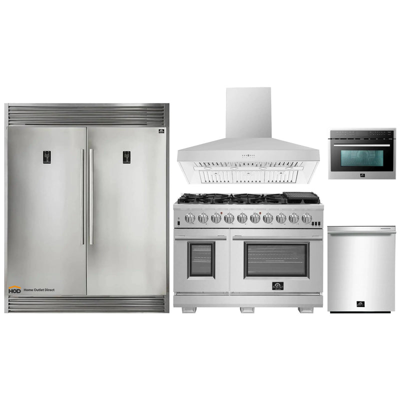 Forno 5-Piece Pro Appliance Package - 48-Inch Gas Range, 60-Inch Pro-Style Refrigerator, Wall Mount Hood, Microwave Oven, & 3-Rack Dishwasher in Stainless Steel