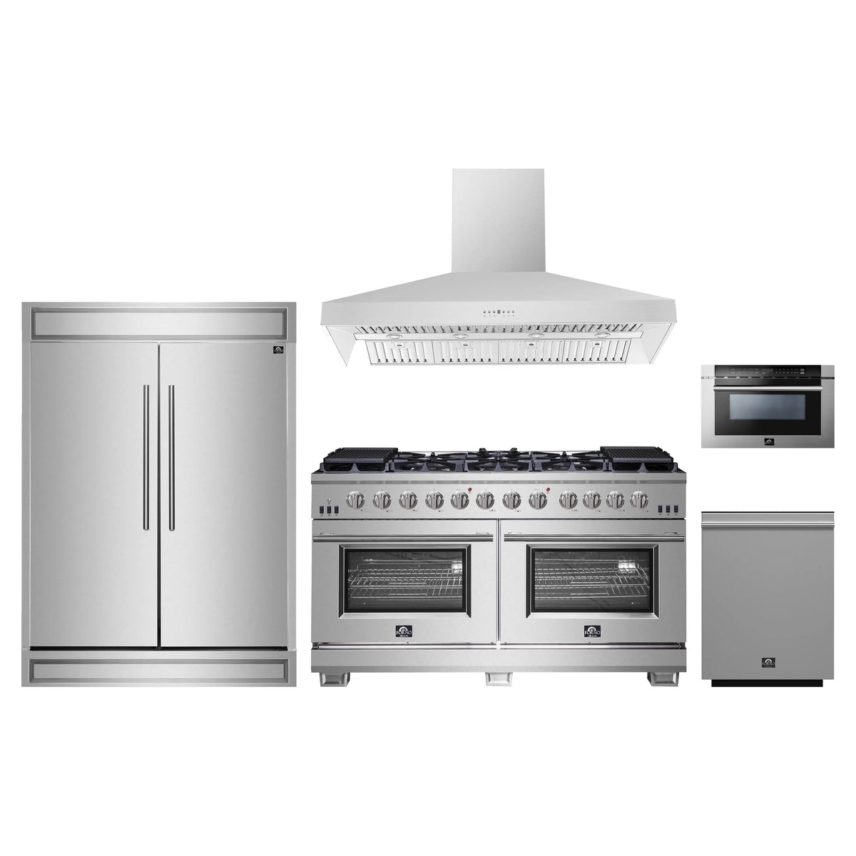 Forno 5-Piece Pro Appliance Package - 60-Inch Gas Range, 60-Inch Pro-Style Refrigerator, Wall Mount Hood, 24-Inch Microwave Drawer, & 3-Rack Dishwasher in Stainless Steel