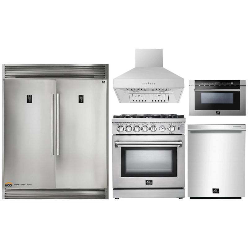 Forno 5-Piece Appliance Package - 30-Inch Gas Range, 56-Inch Pro-Style Refrigerator, Wall Mount Hood, Microwave Drawer, & 3-Rack Dishwasher in Stainless Steel