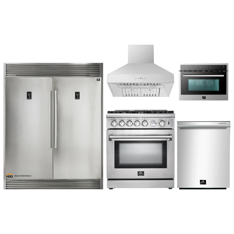 Forno 5-Piece Appliance Package - 30-Inch Gas Range, 60-Inch Pro-Style Refrigerator, Wall Mount Hood, Microwave Oven, & 3-Rack Dishwasher in Stainless Steel