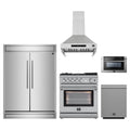Forno 5-Piece Appliance Package - 30-Inch Gas Range with Air Fryer, 60-Inch Pro-Style Refrigerator, Wall Mount Hood, 24-Inch Microwave Drawer, & 3-Rack Dishwasher in Stainless Steel