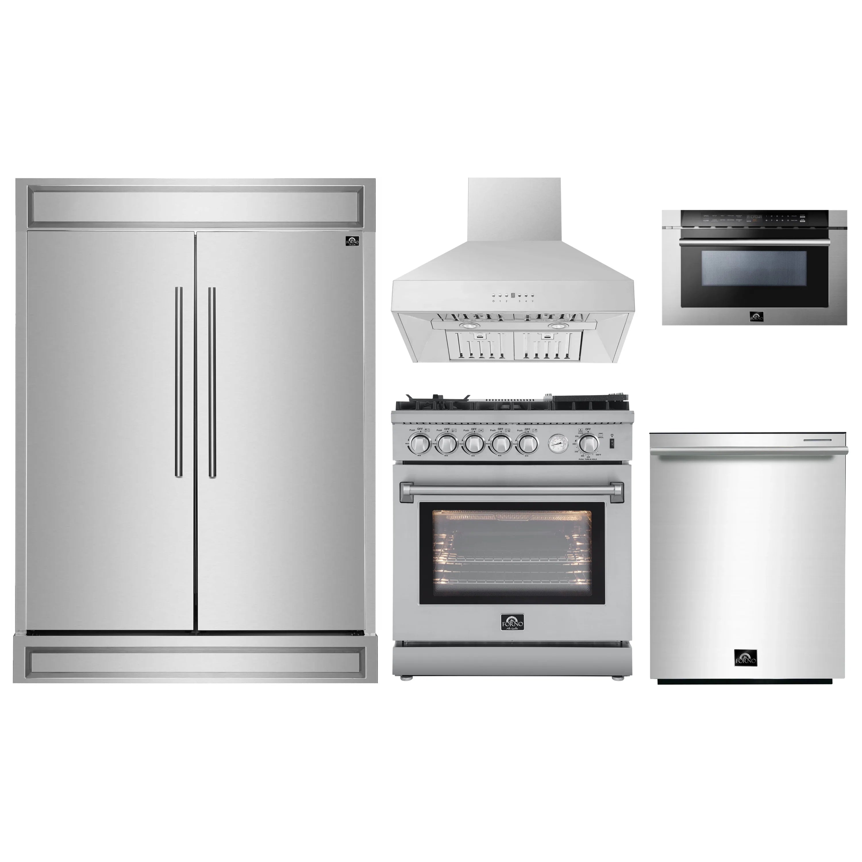 Stainless steel kitchen appliance set with refrigerator, range, hood, and microwave