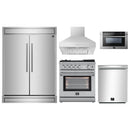 Forno 5-Piece Appliance Package - 30-Inch Gas Range with Air Fryer, 60-Inch Pro-Style Refrigerator, Wall Mount Hood, 24-Inch Microwave Drawer, & 3-Rack Dishwasher in Stainless Steel