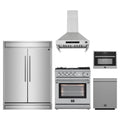 Forno 5-Piece Appliance Package - 30-Inch Gas Range with Air Fryer, 60-Inch Pro-Style Refrigerator, Wall Mount Hood, 24-Inch Microwave Oven, & 3-Rack Dishwasher in Stainless Steel