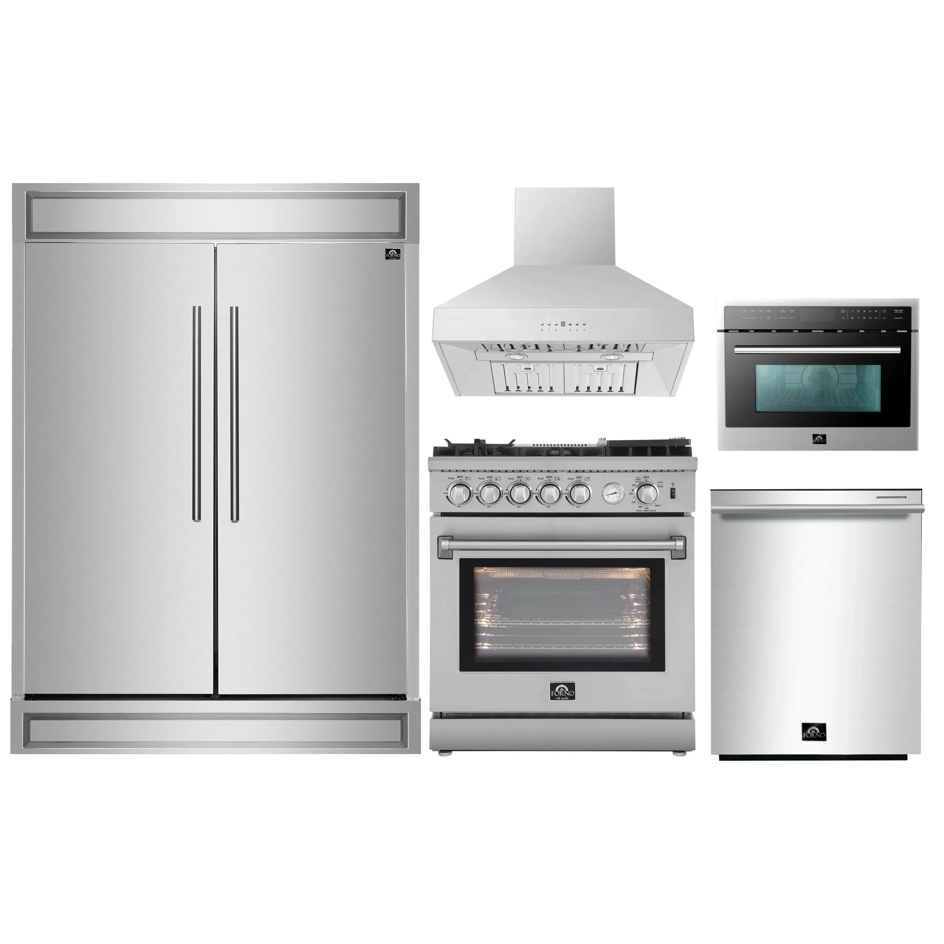 Stainless steel kitchen appliance set with refrigerator, range, hood, microwave, and dishwasher
