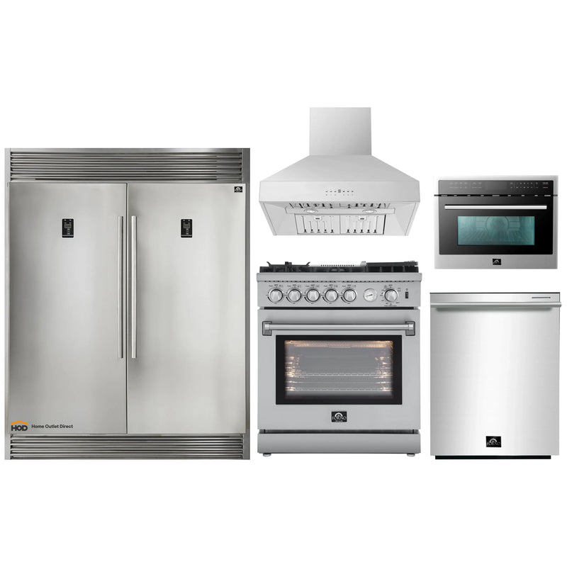 Forno 5-Piece Appliance Package - 30-Inch Gas Range with Air Fryer, 60-Inch Pro-Style Refrigerator, Wall Mount Hood, Microwave Oven, & 3-Rack Dishwasher in Stainless Steel