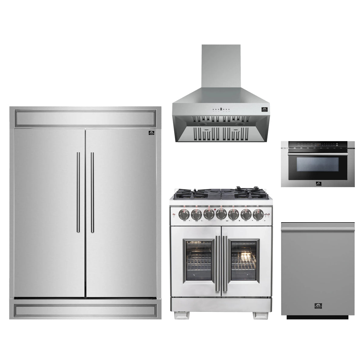 Forno 5-Piece Pro Appliance Package - 30-Inch Dual Fuel Range, 60-Inch Pro-Style Refrigerator, Wall Mount Hood, 24-Inch Microwave Drawer, & 3-Rack Dishwasher in Stainless Steel