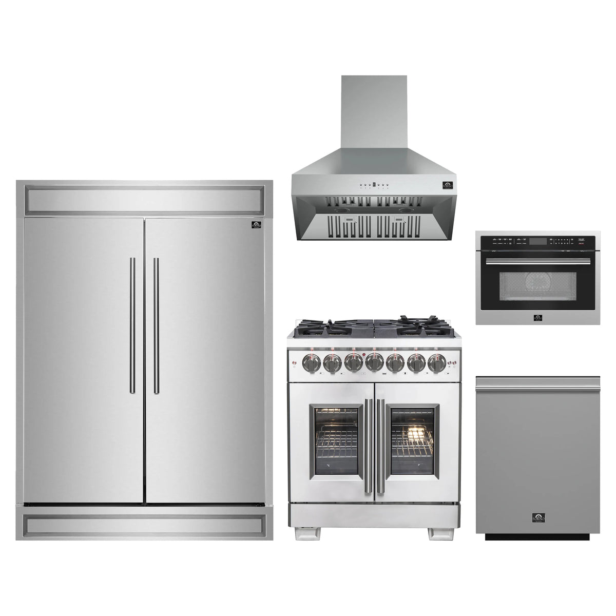 Forno 5-Piece Pro Appliance Package - 30-Inch Dual Fuel Range, 60-Inch Pro-Style Refrigerator, Wall Mount Hood, 24-Inch Microwave Oven, & 3-Rack Dishwasher in Stainless Steel