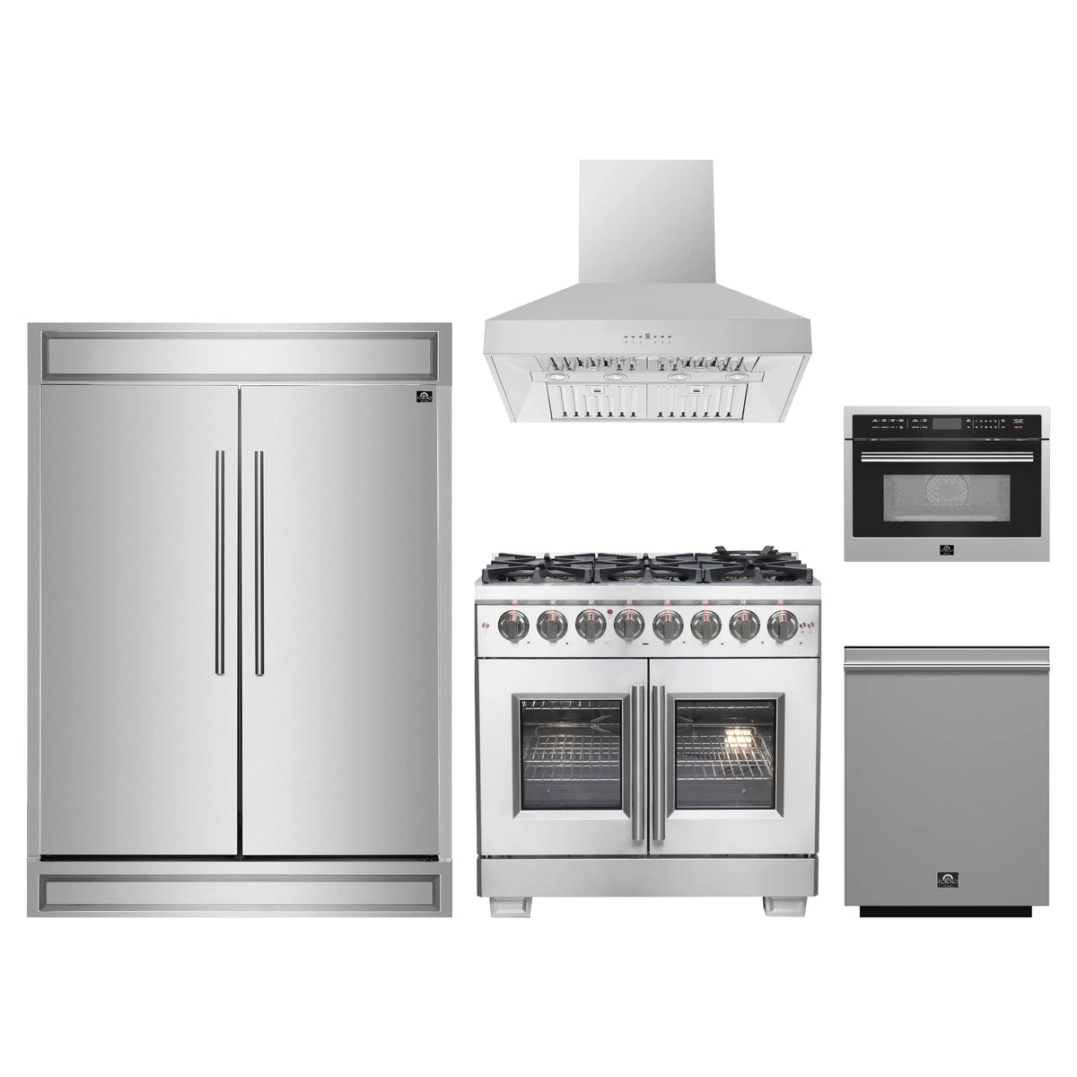 Forno 5-Piece Pro Appliance Package - 36-Inch Dual Fuel Range, 60-Inch Pro-Style Refrigerator, Wall Mount Hood, 24-Inch Microwave Oven, & 3-Rack Dishwasher in Stainless Steel