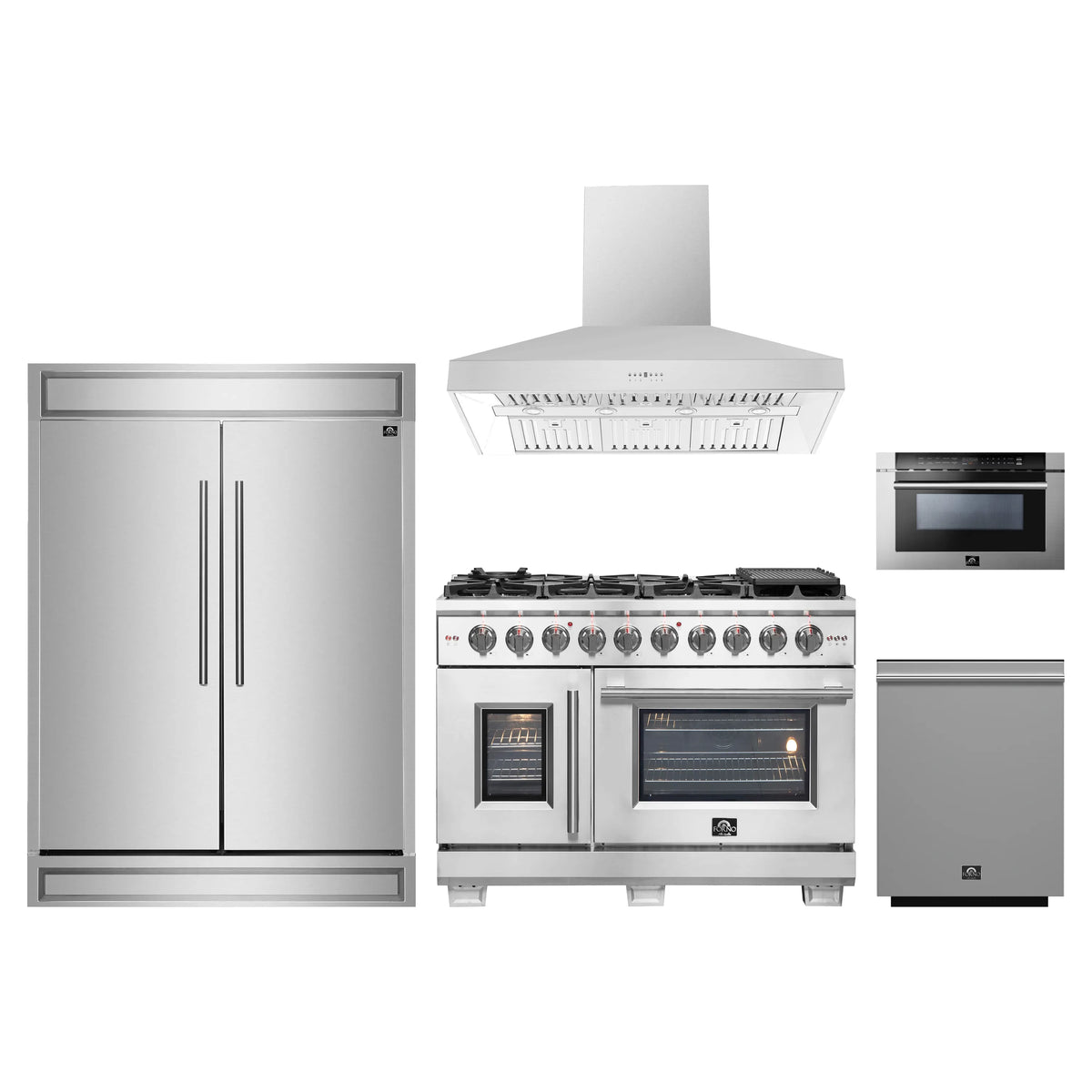Forno 5-Piece Pro Appliance Package - 48-Inch Dual Fuel Range, 60-Inch Pro-Style Refrigerator, Wall Mount Hood, 24-Inch Microwave Drawer, & 3-Rack Dishwasher in Stainless Steel