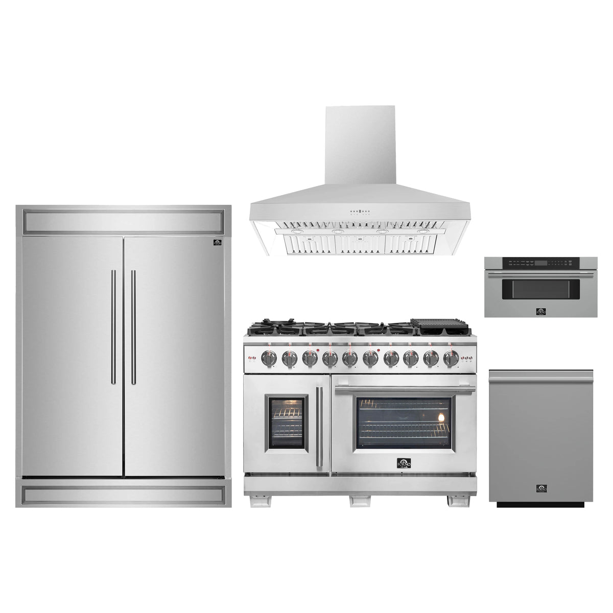 Forno 5-Piece Pro Appliance Package - 48-Inch Dual Fuel Range, 60-Inch Pro-Style Refrigerator, Wall Mount Hood, 30-Inch Microwave Drawer, & 3-Rack Dishwasher in Stainless Steel