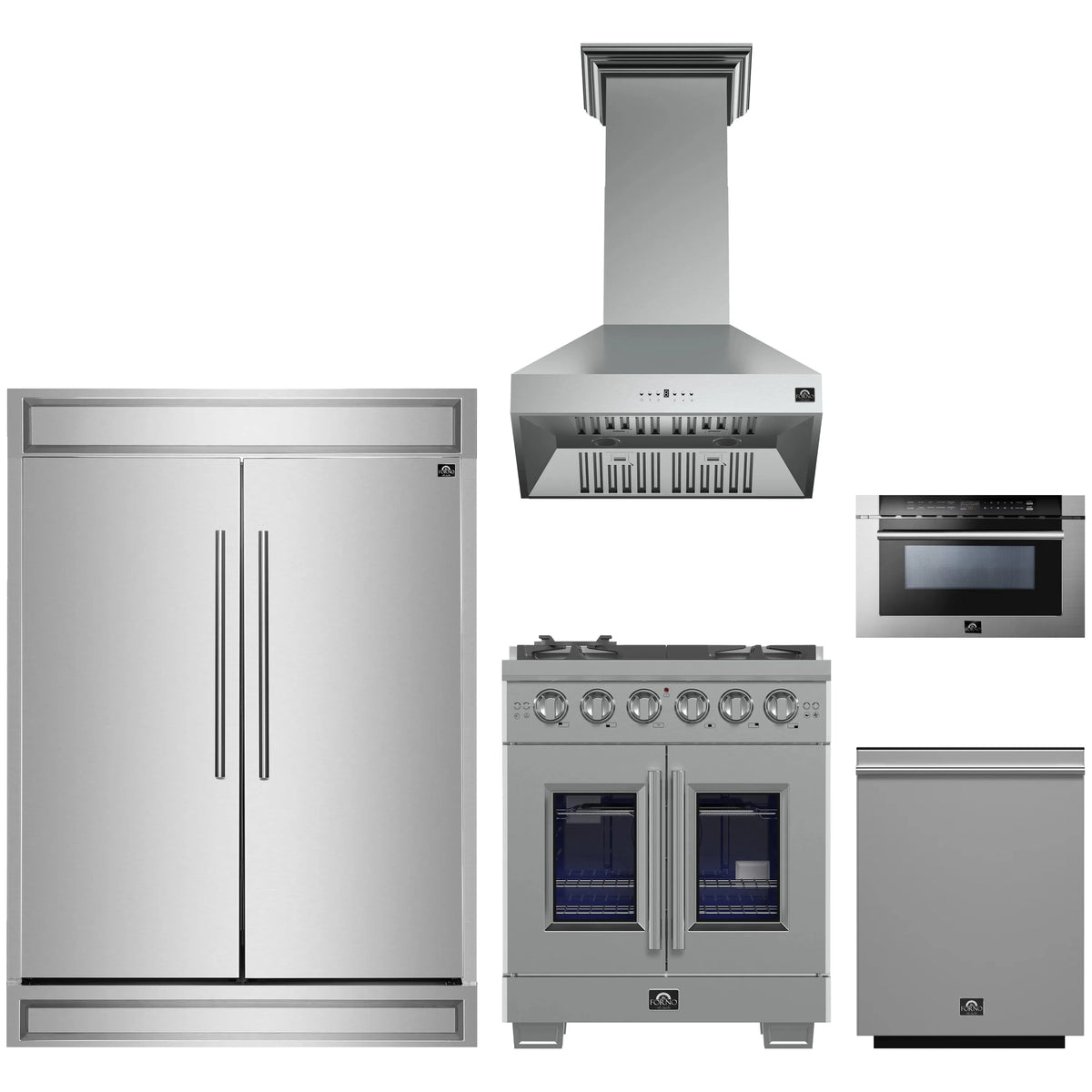 Forno 5-Piece Pro Appliance Package - 30-Inch Gas Range, 60-Inch Pro-Style Refrigerator, Wall Mount Hood, 24-Inch Microwave Drawer, & 3-Rack Dishwasher in Stainless Steel