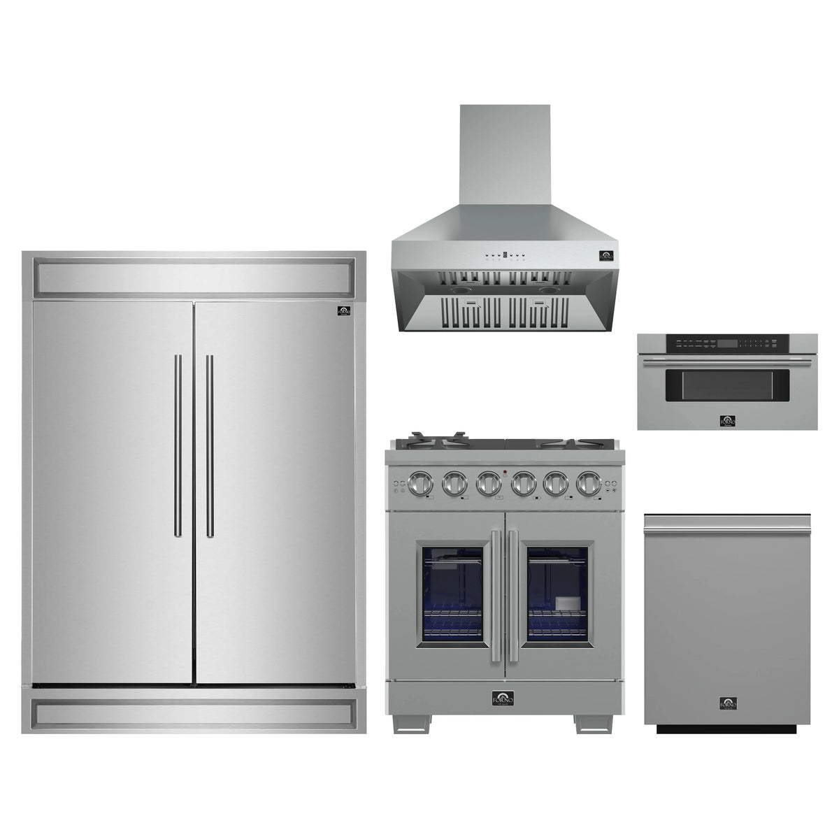 Forno 5-Piece Pro Appliance Package - 30-Inch Gas Range, 60-Inch Pro-Style Refrigerator, Wall Mount Hood, 30-Inch Microwave Drawer, & 3-Rack Dishwasher in Stainless Steel