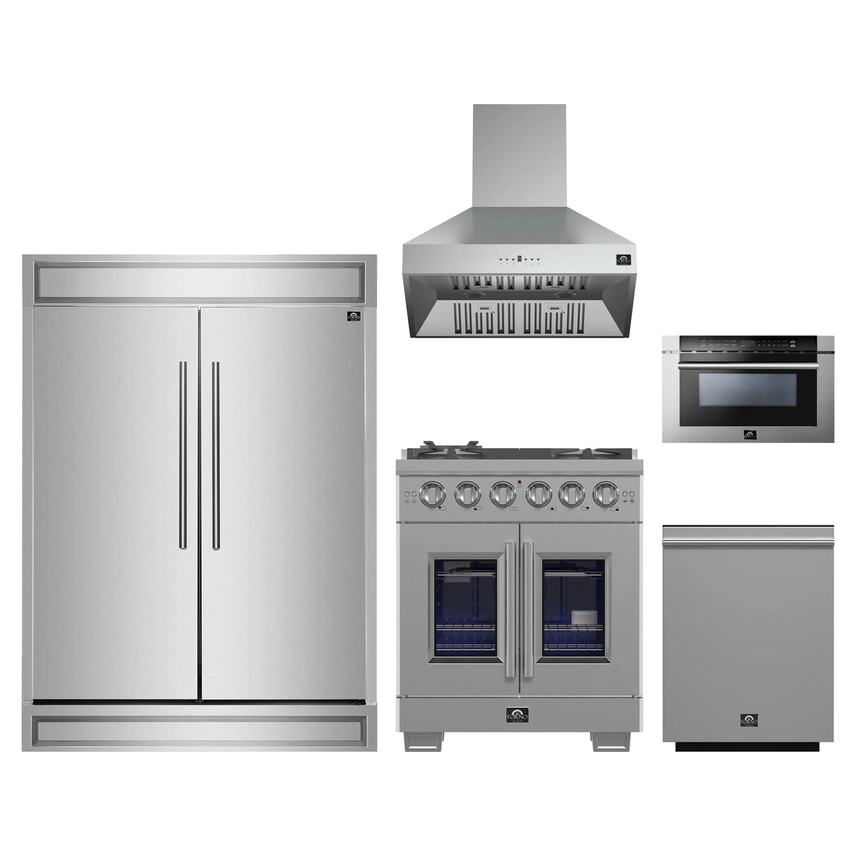 Forno 5-Piece Pro Appliance Package - 30-Inch Gas Range, 60-Inch Pro-Style Refrigerator, Wall Mount Hood, 24-Inch Microwave Drawer, & 3-Rack Dishwasher in Stainless Steel