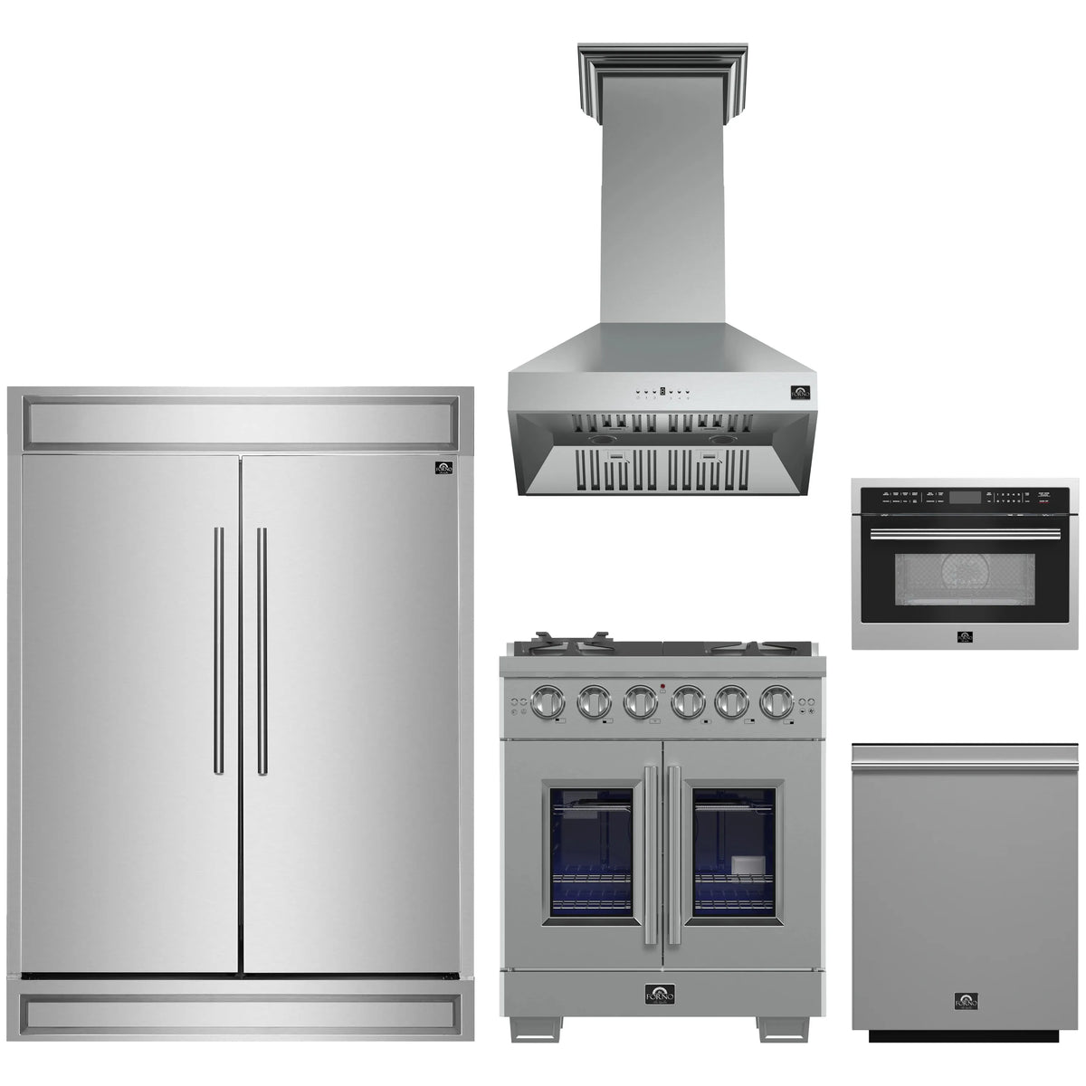 Forno 5-Piece Pro Appliance Package - 30-Inch Gas Range, 60-Inch Pro-Style Refrigerator, Wall Mount Hood, 24-Inch Microwave Oven, & 3-Rack Dishwasher in Stainless Steel