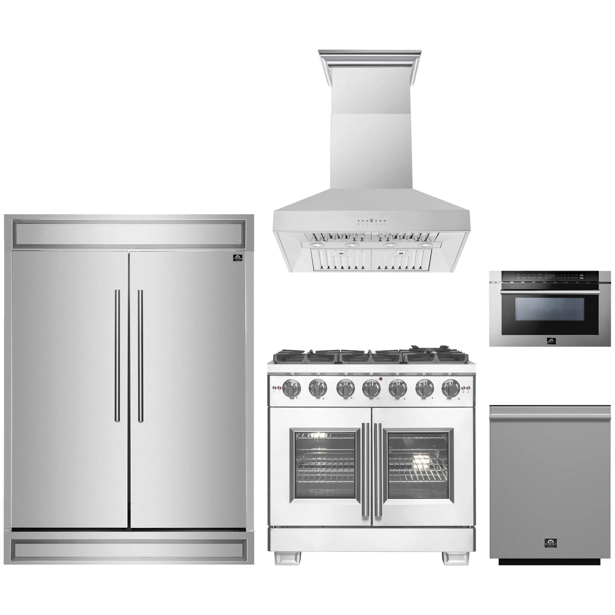 Forno 5-Piece Pro Appliance Package - 36-Inch Gas Range, 60-Inch Pro-Style Refrigerator, Wall Mount Hood, 24-Inch Microwave Drawer, & 3-Rack Dishwasher in Stainless Steel
