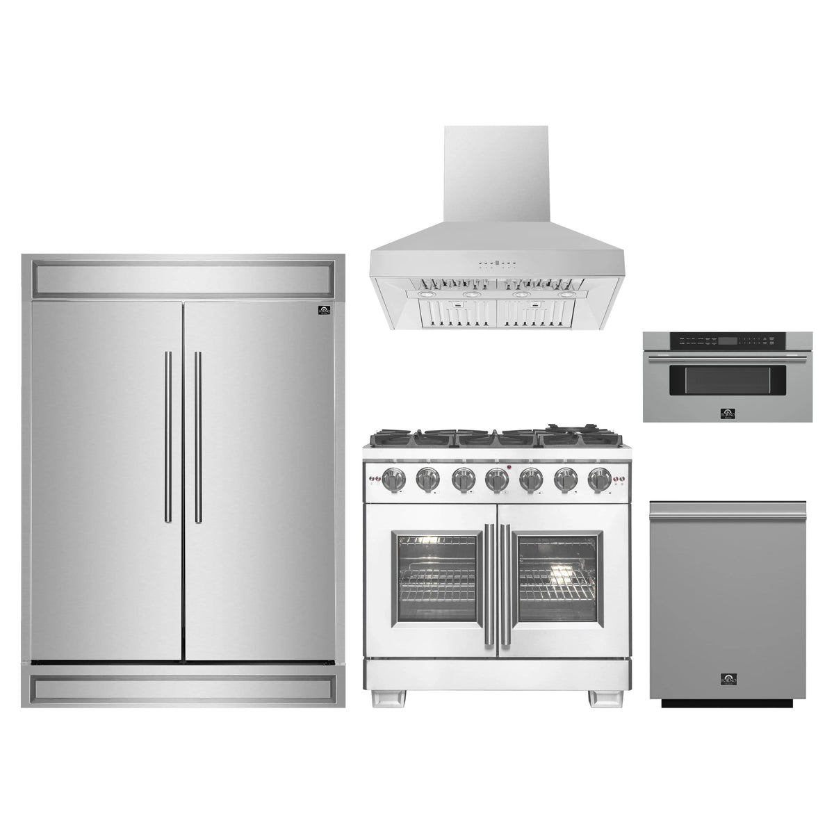 Forno 5-Piece Pro Appliance Package - 36-Inch Gas Range, 60-Inch Pro-Style Refrigerator, Wall Mount Hood, 30-Inch Microwave Drawer, & 3-Rack Dishwasher in Stainless Steel