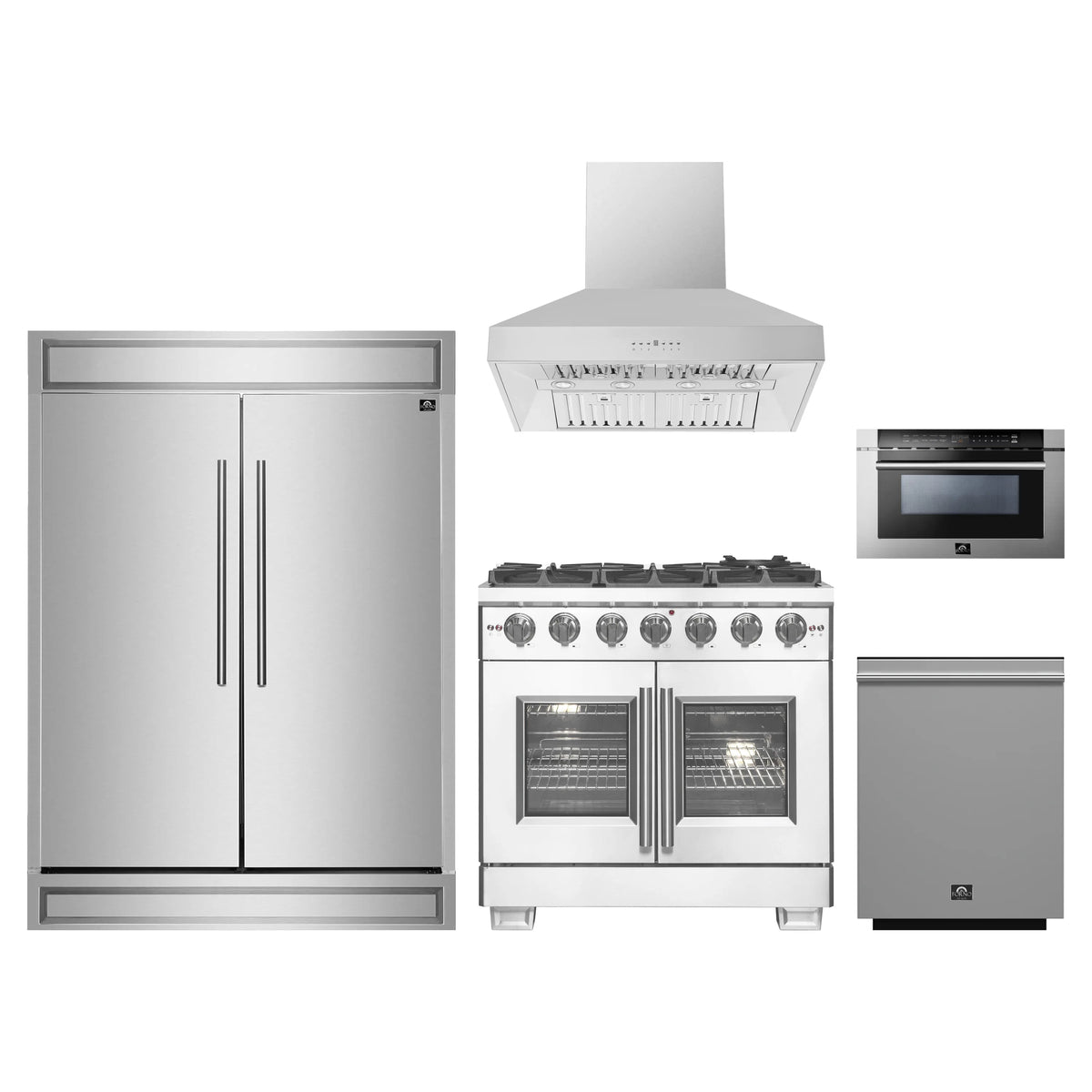 Forno 5-Piece Pro Appliance Package - 36-Inch Gas Range, 60-Inch Pro-Style Refrigerator, Wall Mount Hood, 24-Inch Microwave Drawer, & 3-Rack Dishwasher in Stainless Steel