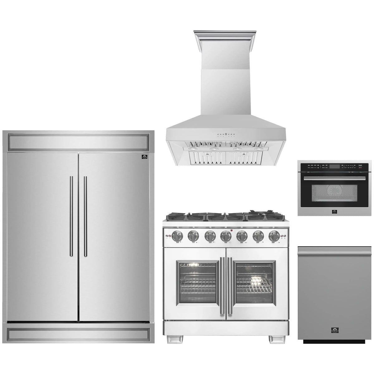 Forno 5-Piece Pro Appliance Package - 36-Inch Gas Range, 60-Inch Pro-Style Refrigerator, Wall Mount Hood, 24-Inch Microwave Oven, & 3-Rack Dishwasher in Stainless Steel