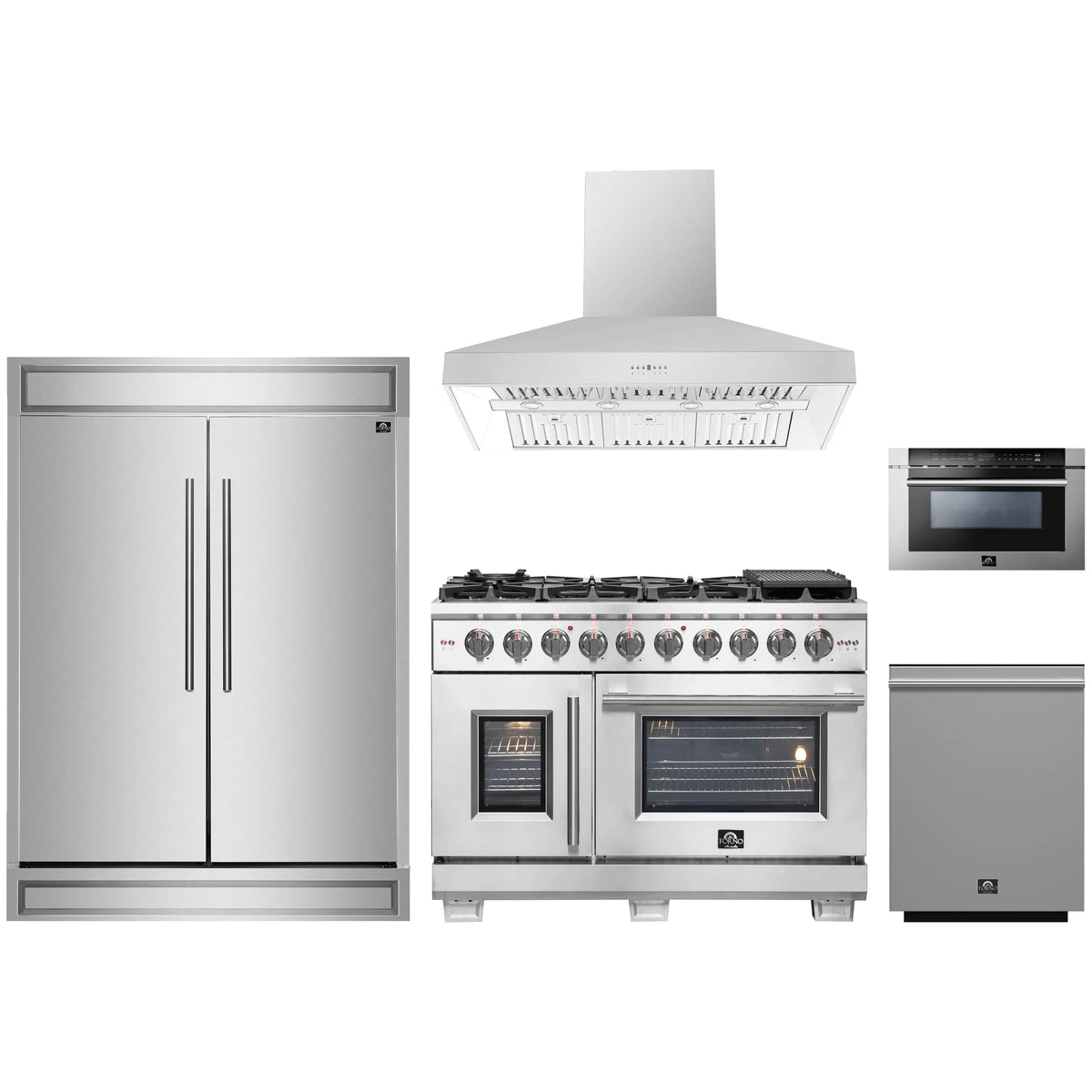 Forno 5-Piece Pro Appliance Package - 48-Inch Gas Range, 60-Inch Pro-Style Refrigerator, Wall Mount Hood, 24-Inch Microwave Drawer, & 3-Rack Dishwasher in Stainless Steel