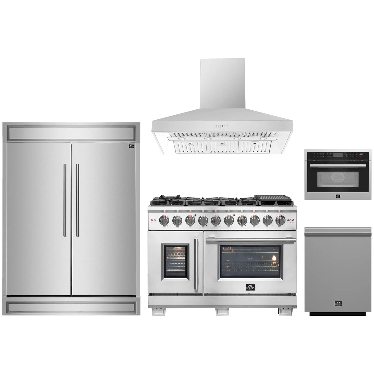 Forno 5-Piece Pro Appliance Package - 48-Inch Gas Range, 60-Inch Pro-Style Refrigerator, Wall Mount Hood, 24-Inch Microwave Oven, & 3-Rack Dishwasher in Stainless Steel