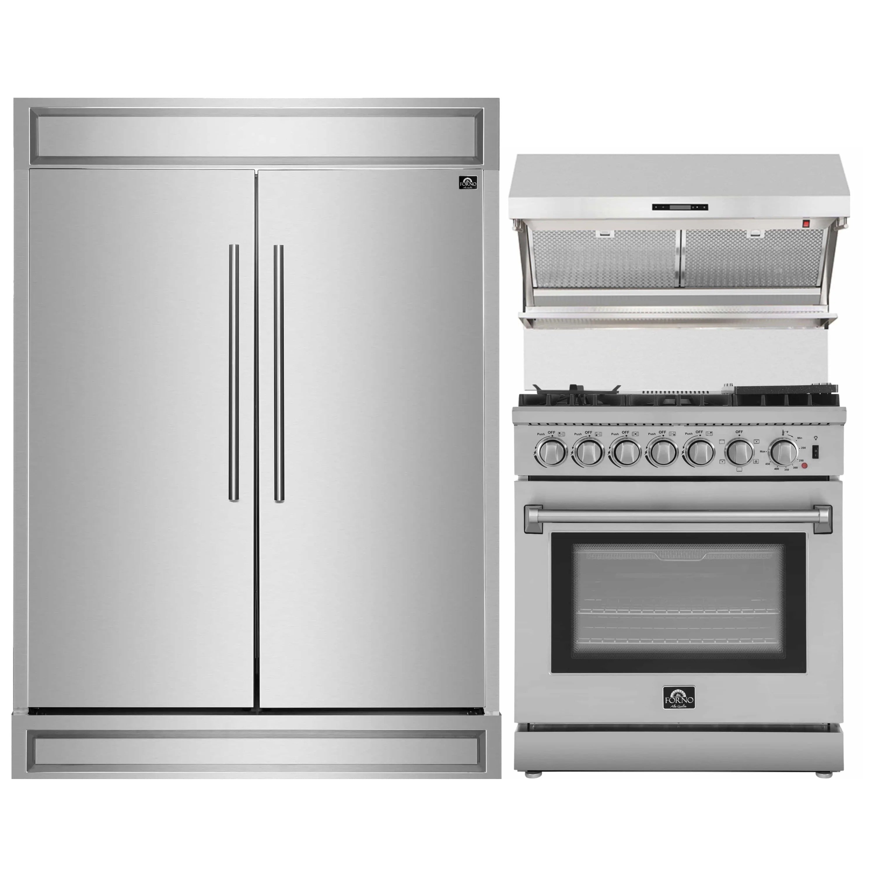 Stainless steel refrigerator and dual fuel range with overhead hood in a matching set