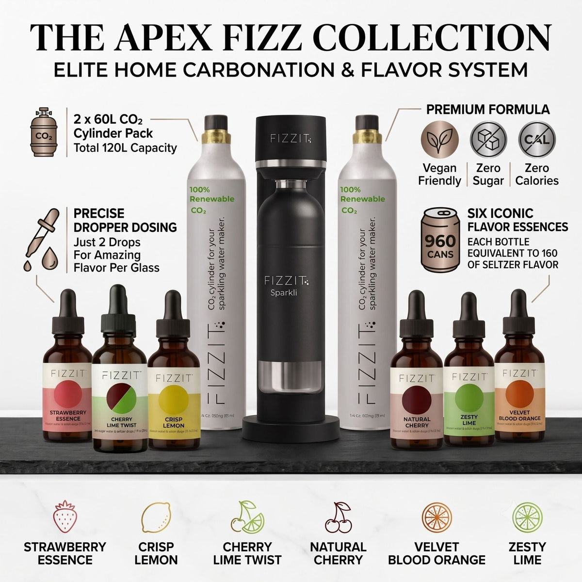 Fizzit APEX FIZZ Sparkling Water Maker Bundle with Stainless Steel Bottle, Two 60L CO2 Cylinders and 6 Flavor Drops