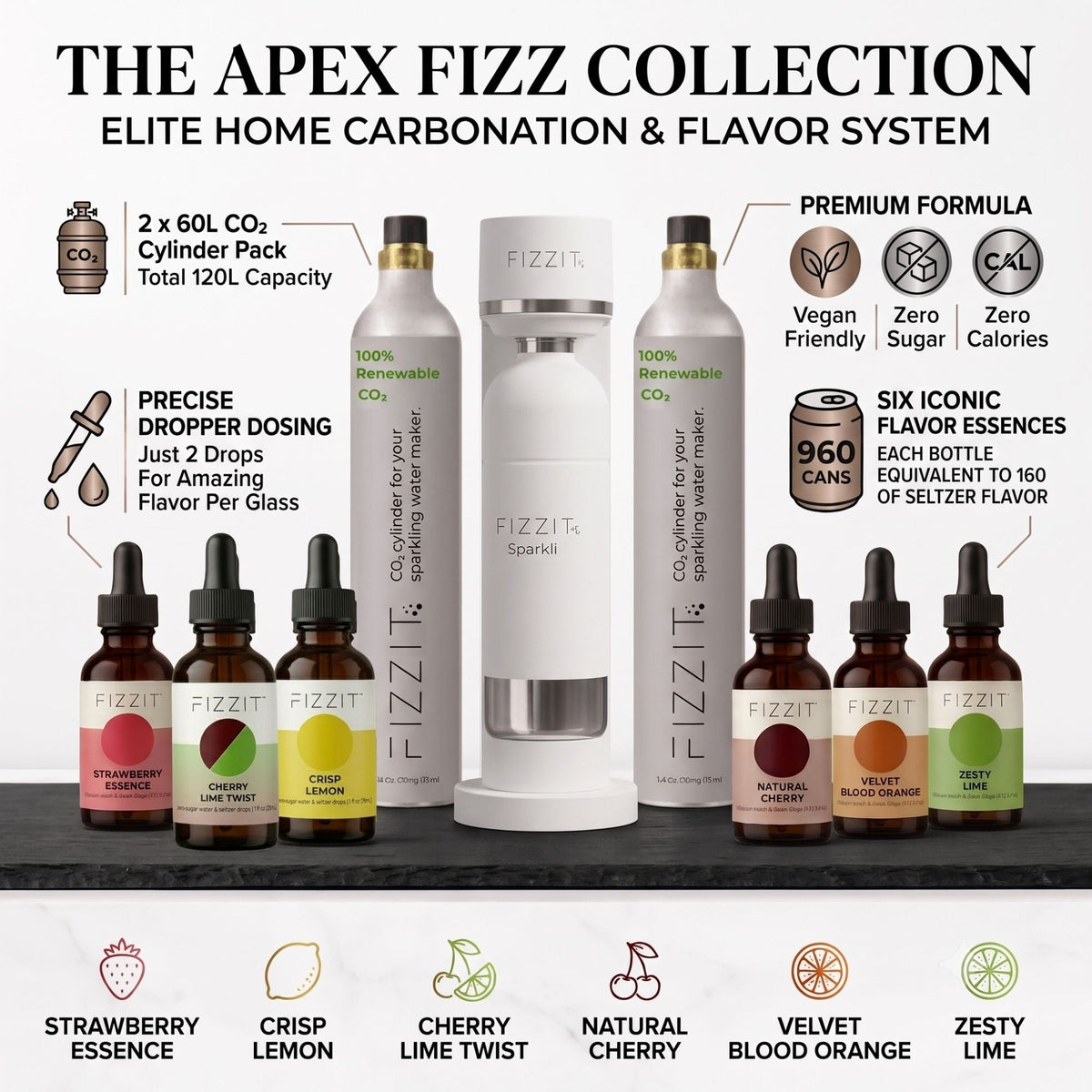 Fizzit APEX FIZZ Sparkling Water Maker Bundle with Stainless Steel Bottle, Two 60L CO2 Cylinders and 6 Flavor Drops