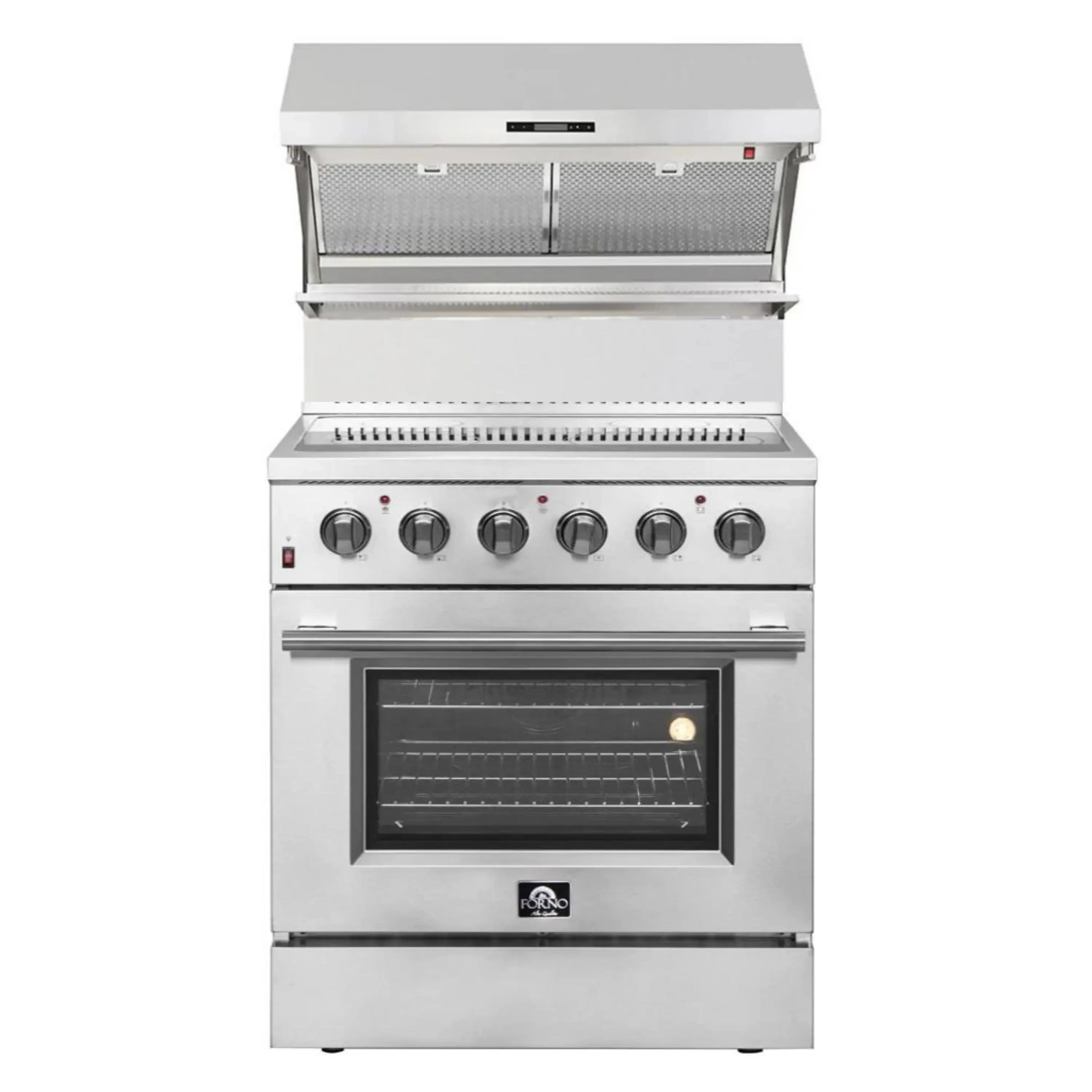 Stainless steel electric range with control knobs and oven door under wall hood