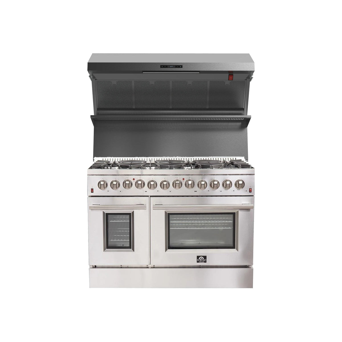 Forno 2-Piece Appliance Package - 48-Inch Dual Fuel Range & Wall Mount Hood with Backsplash in Stainless Steel