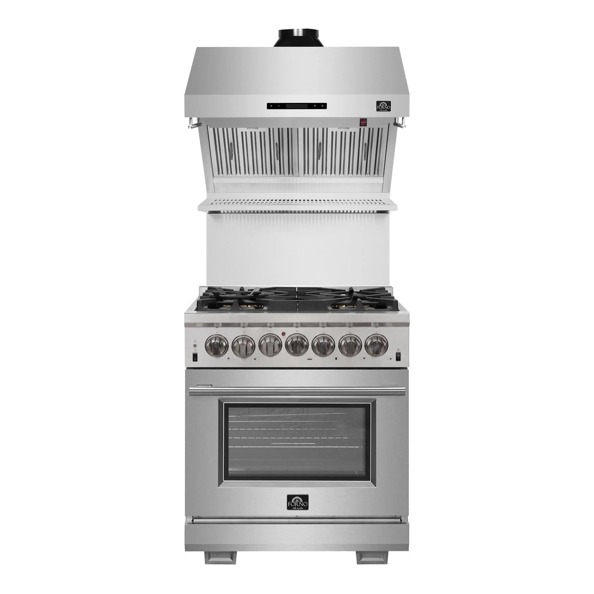 Forno 2-Piece Pro Appliance Package - 30-Inch Dual Fuel Range & Wall Mount Hood with Backsplash in Stainless Steel