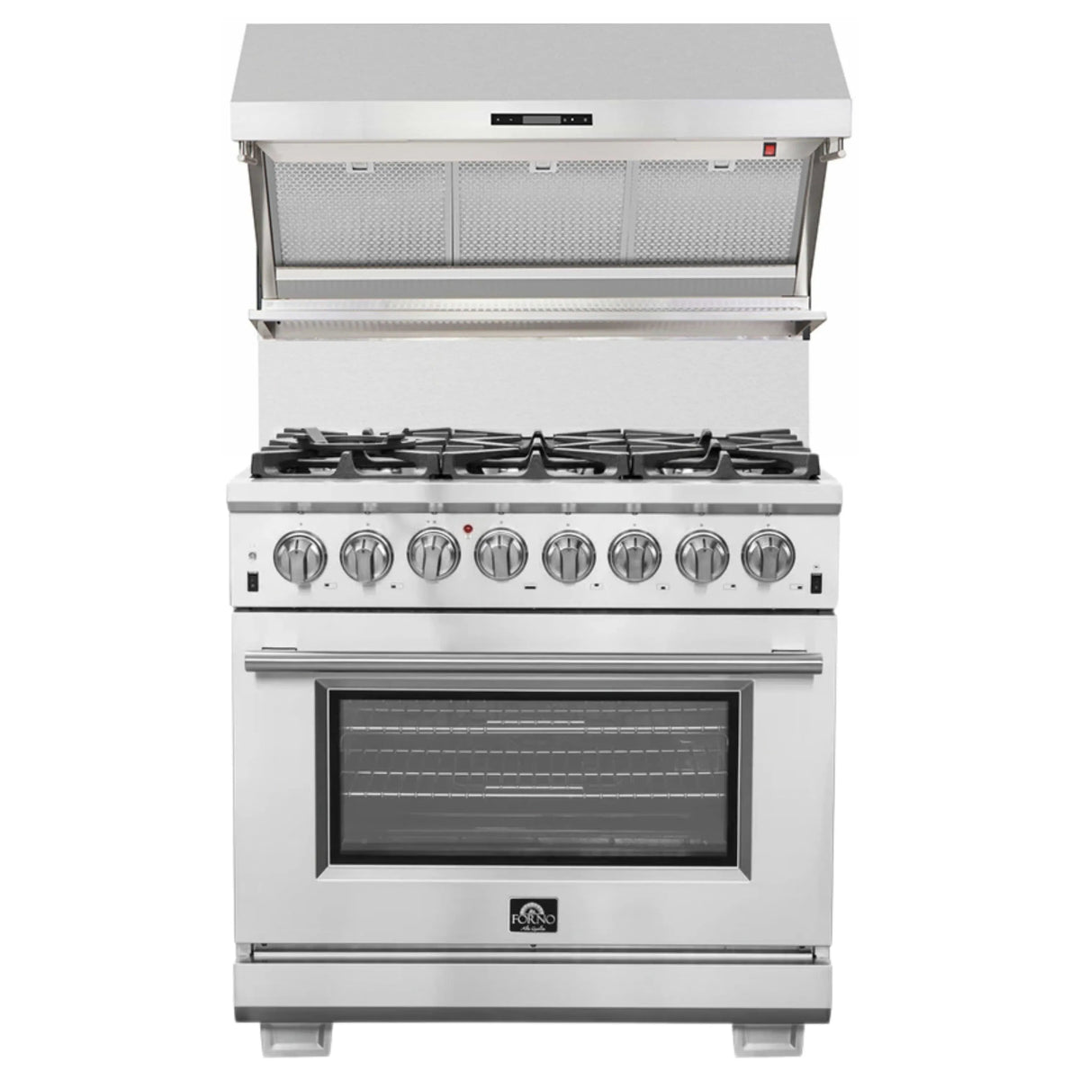 Forno 2-Piece Pro Appliance Package - 36-Inch Dual Fuel Range & Wall Mount Hood with Backsplash in Stainless Steel