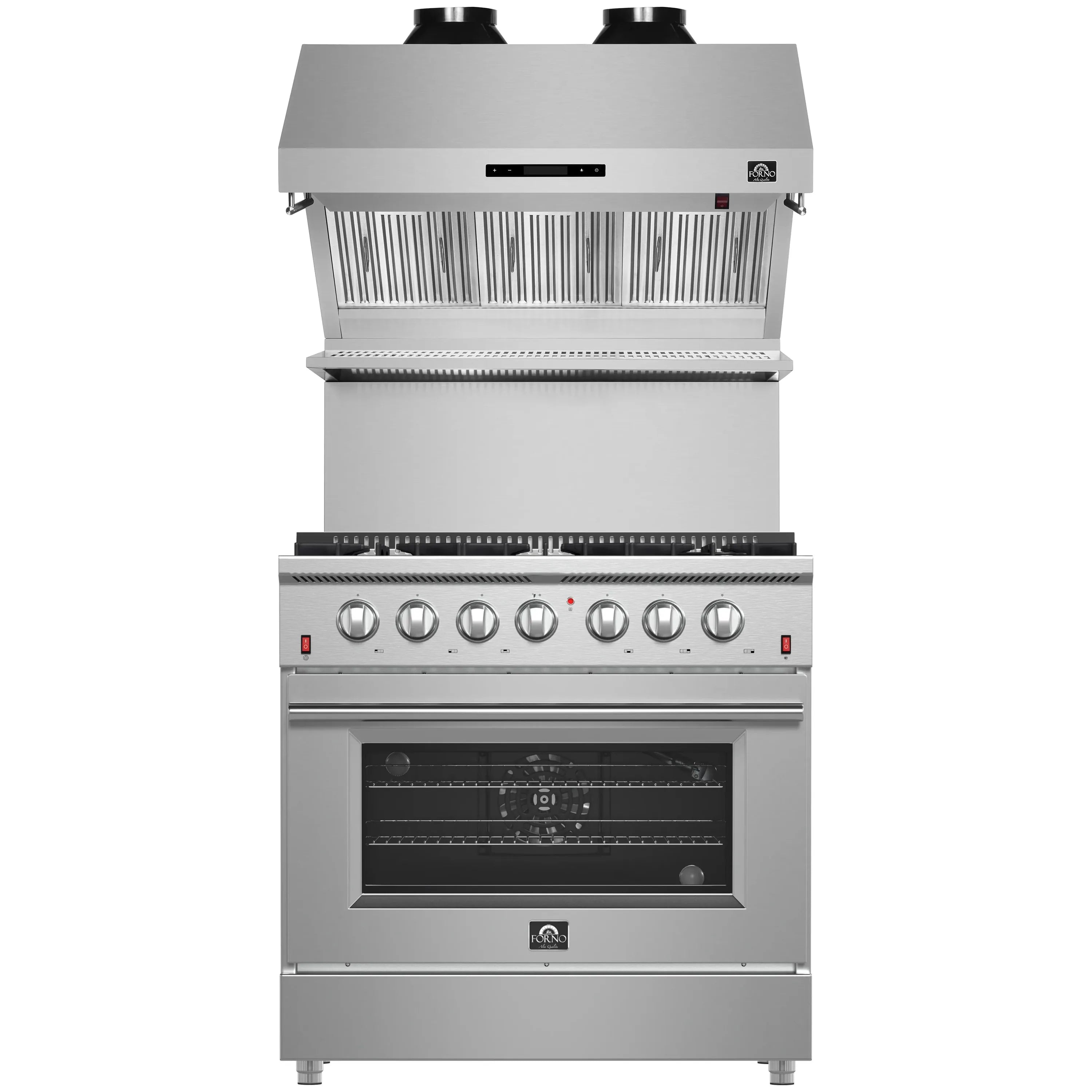 Stainless steel gas range with oven door and six knob control panel