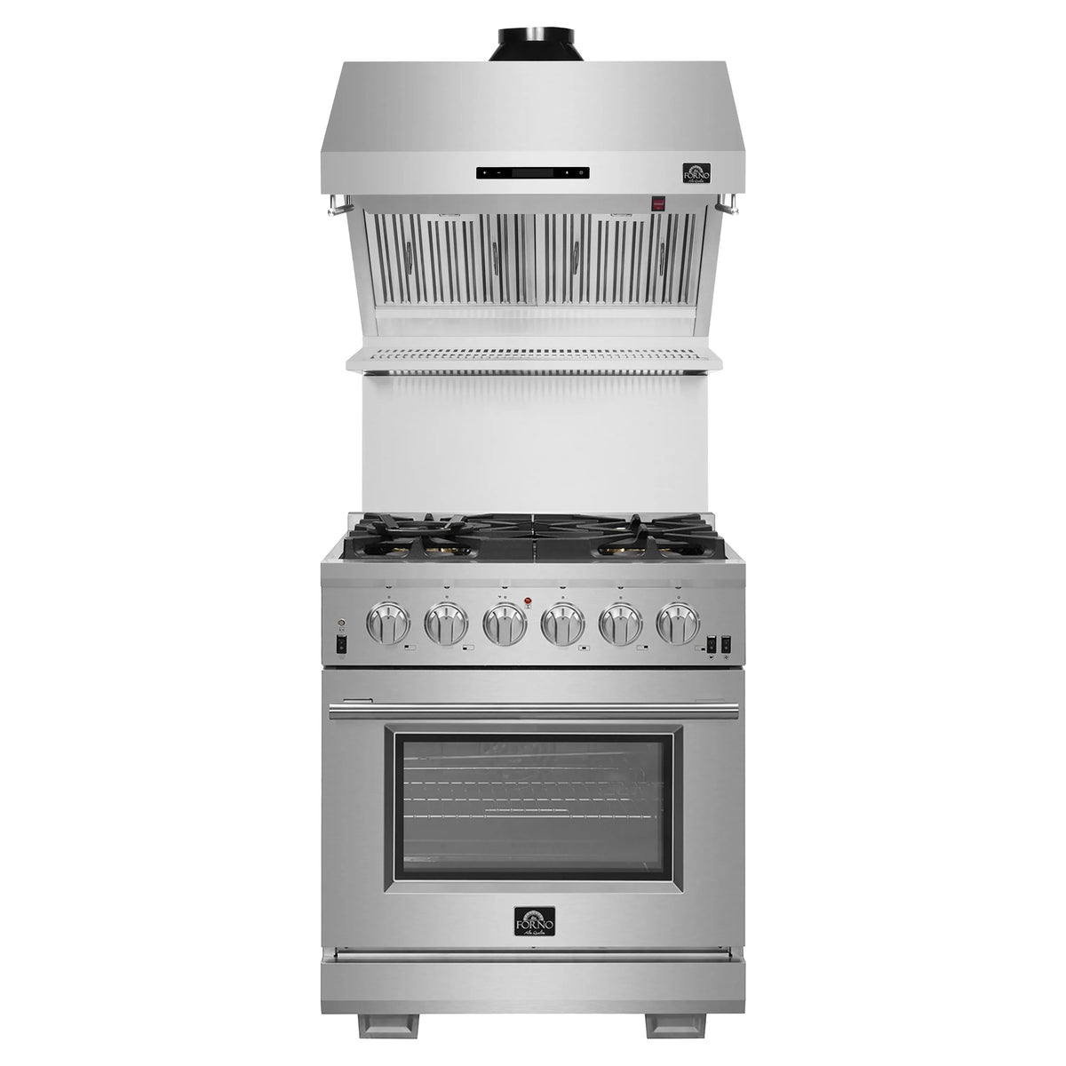 Forno 2-Piece Pro Appliance Package - 30-Inch Gas Range & Wall Mount Hood with Backsplash in Stainless Steel