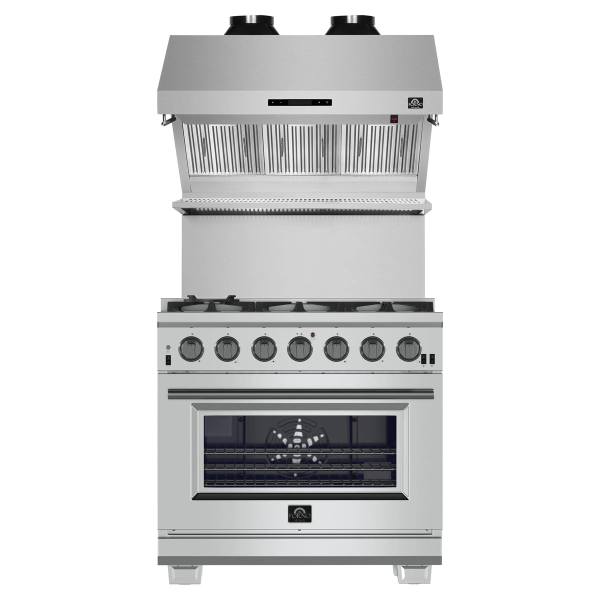 Forno 2-Piece Pro Appliance Package - 36-Inch Gas Range & Wall Mount Hood with Backsplash in Stainless Steel
