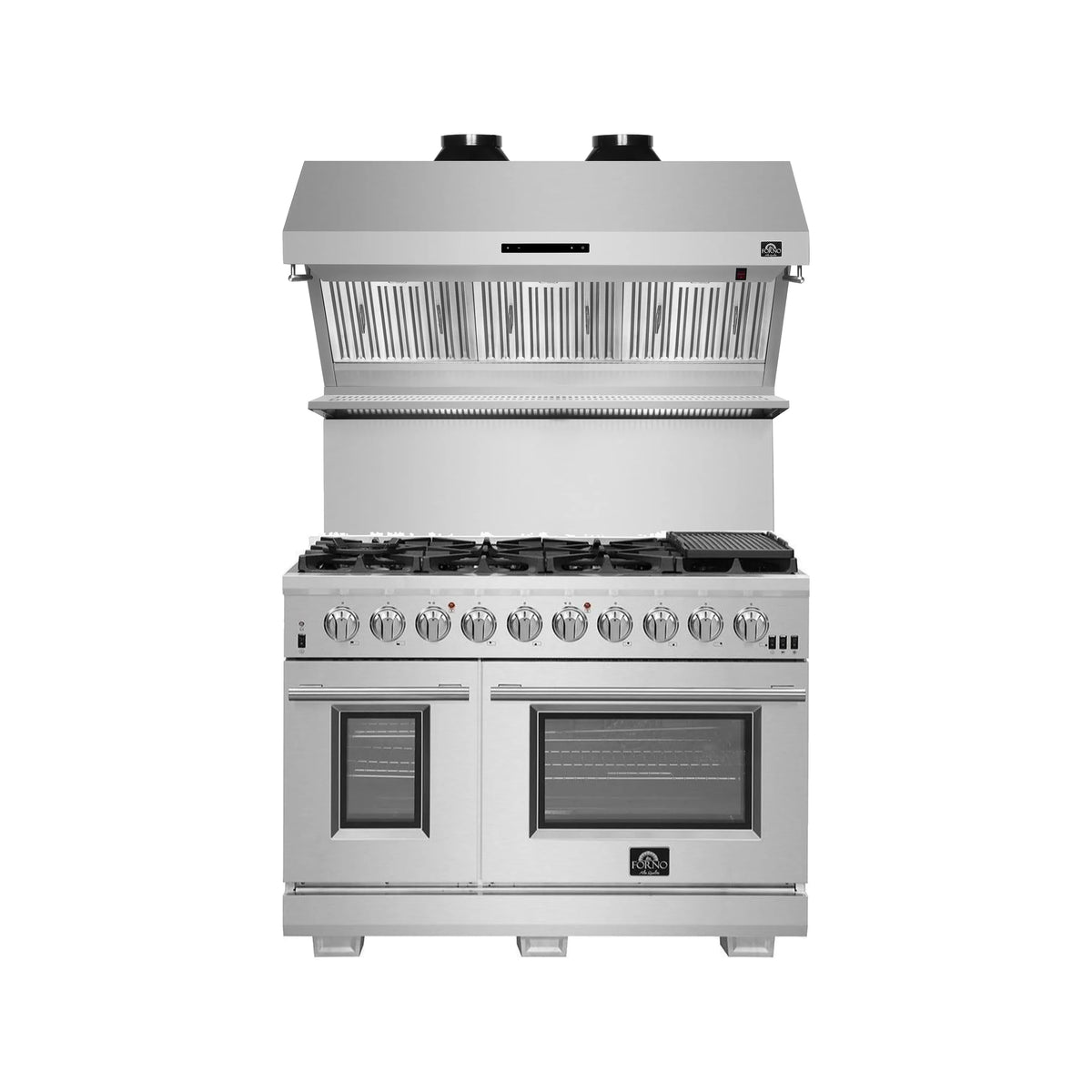 Forno 2-Piece Pro Appliance Package - 48-Inch Gas Range & Wall Mount Hood with Backsplash in Stainless Steel