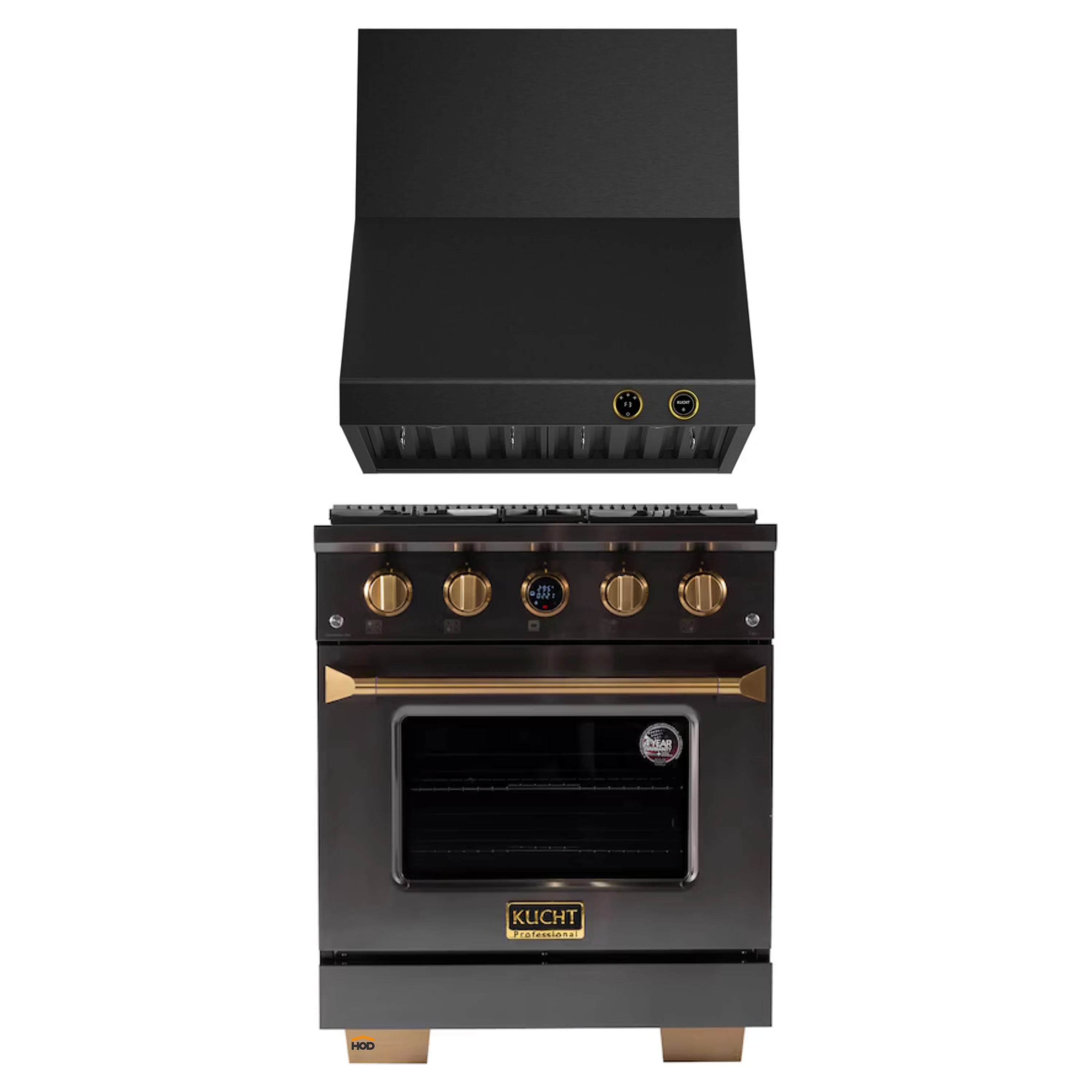 2-piece dark range and wall hood set with gold accents and oven door