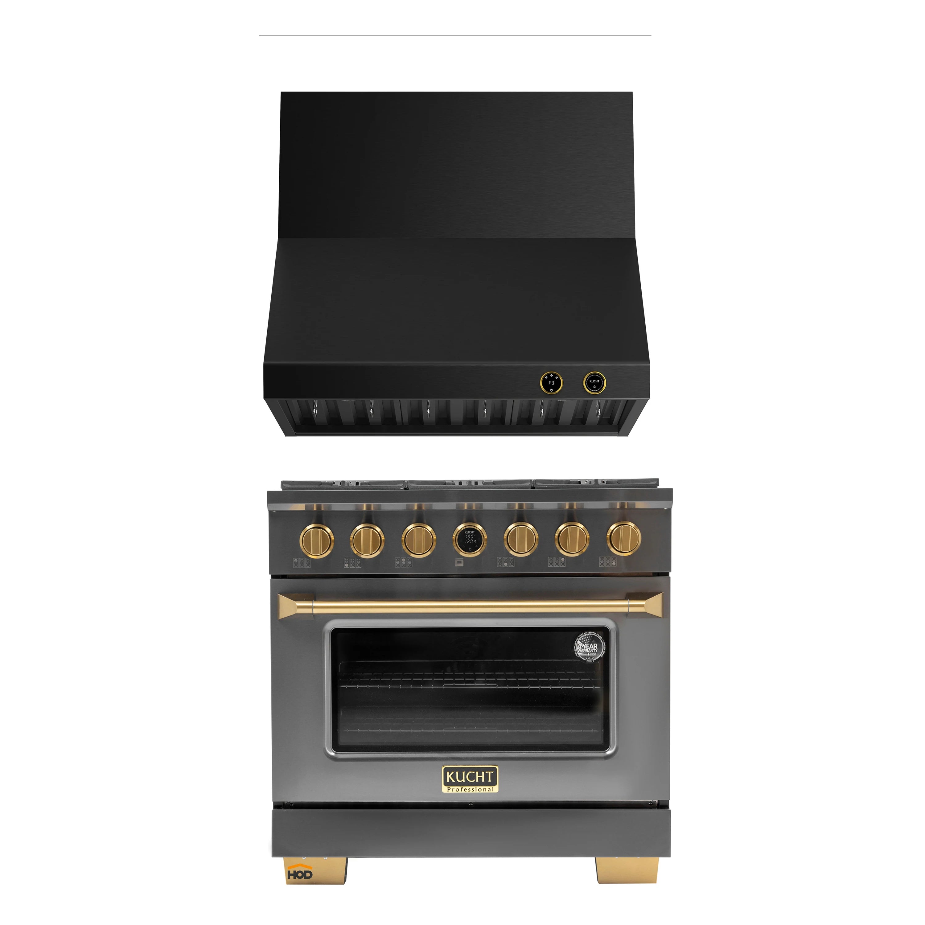 Dark stainless Kucht range with gold accents and open oven door