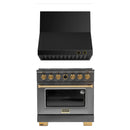 Kucht 2-Piece Appliance Package - 36-Inch Propane Gas Range with 5.2 Cu. Ft. Oven & Wall Mount Range Hood in Dark Titanium Stainless Steel with Gold Accents