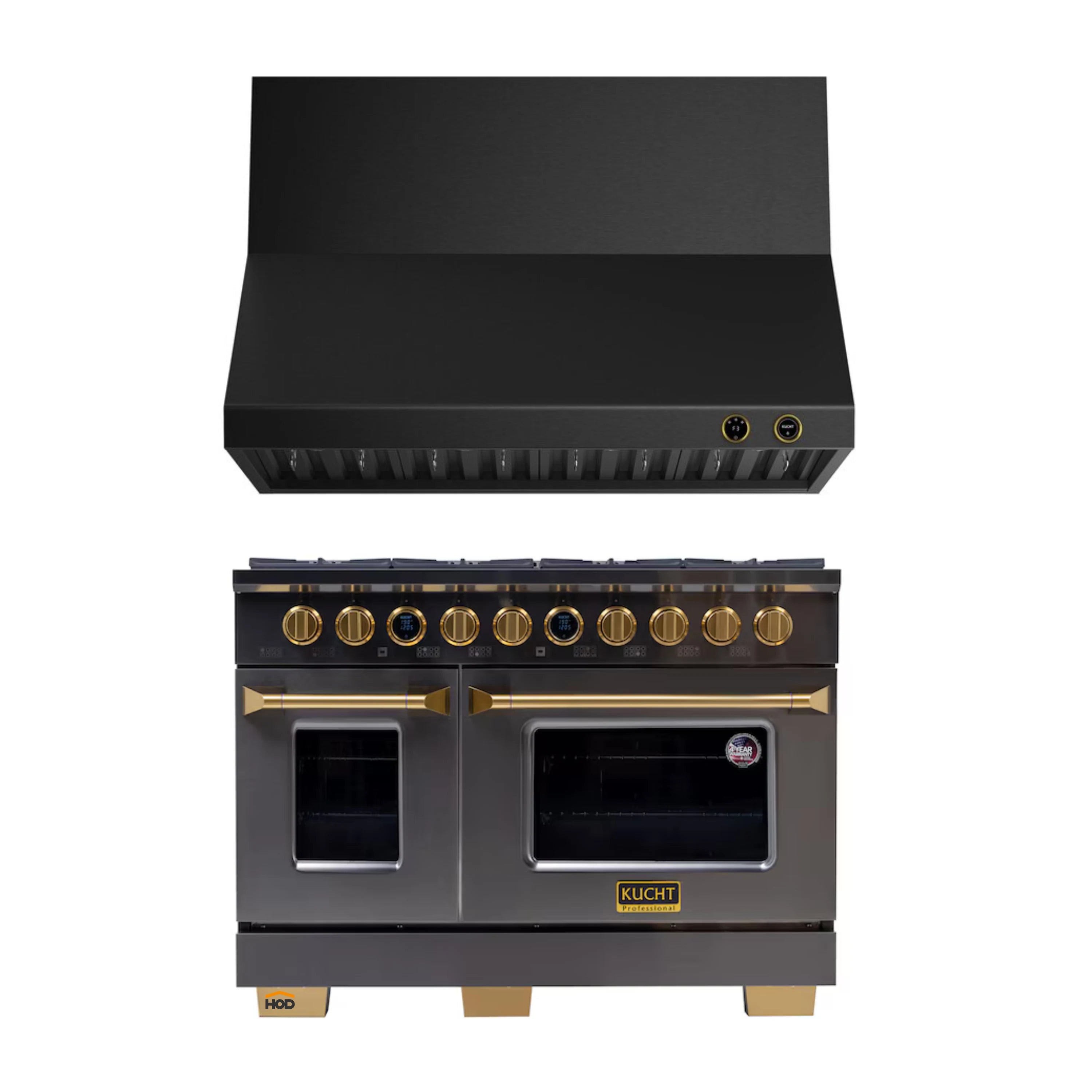 48-inch gas range with matching hood, dark stainless steel and gold accent trims.