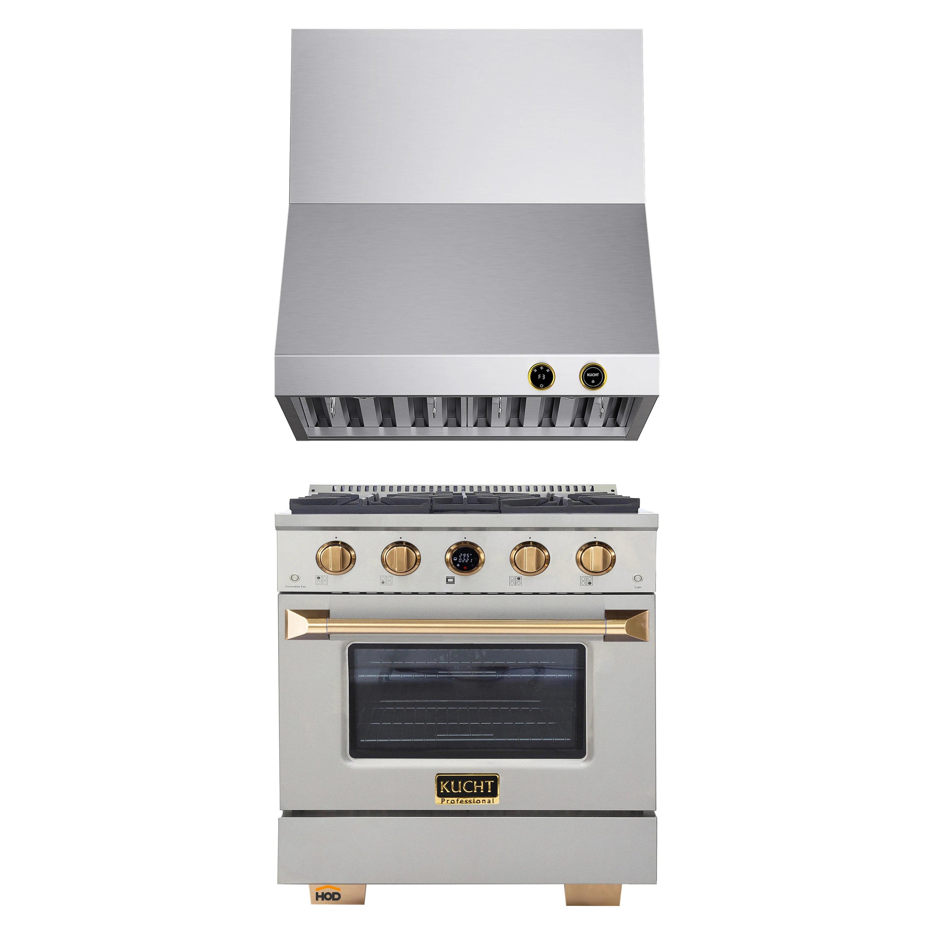 Stainless steel gas range with oven window and wall hood with gold-accent controls