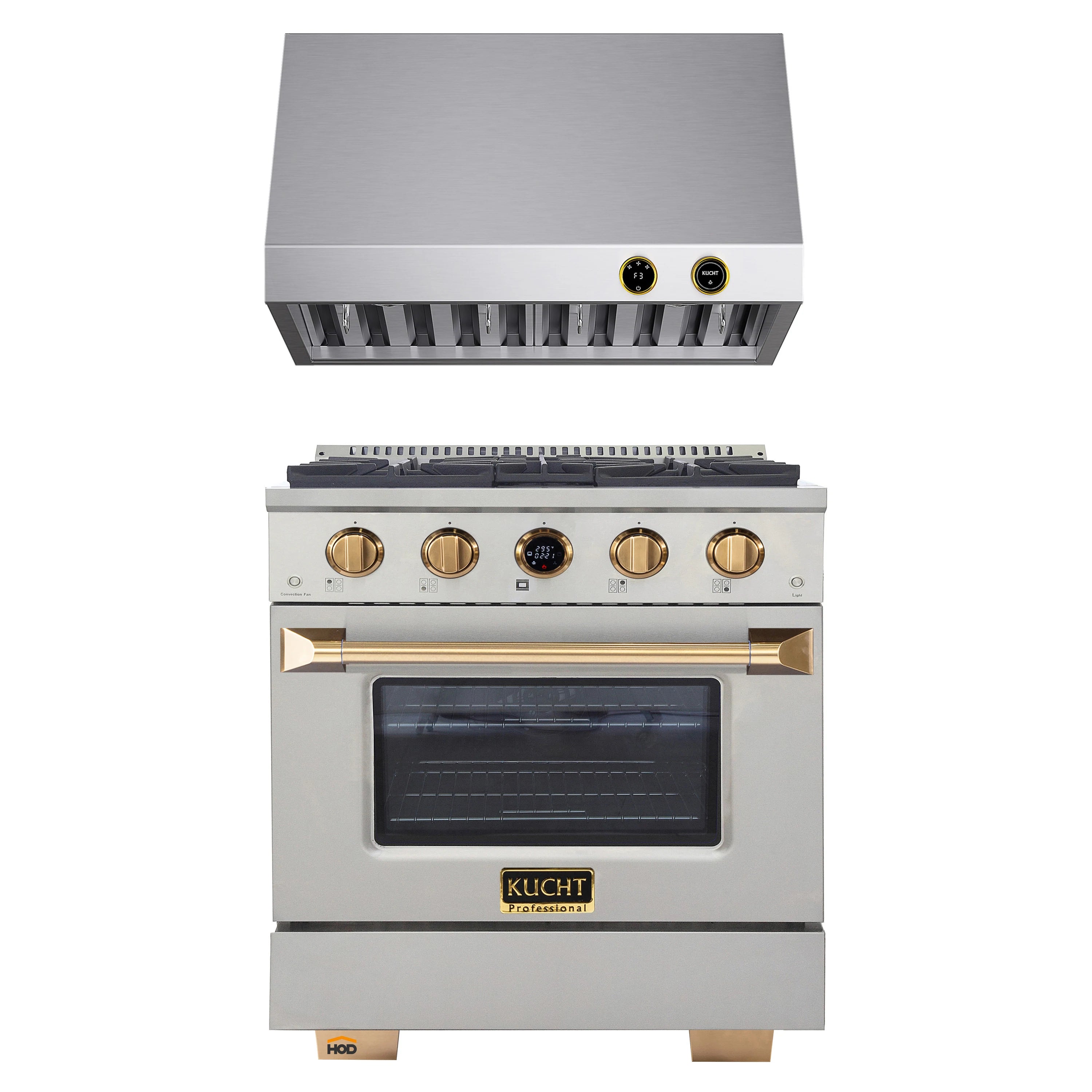 Stainless steel gas range with oven door, burners, and gold-trimmed control knobs