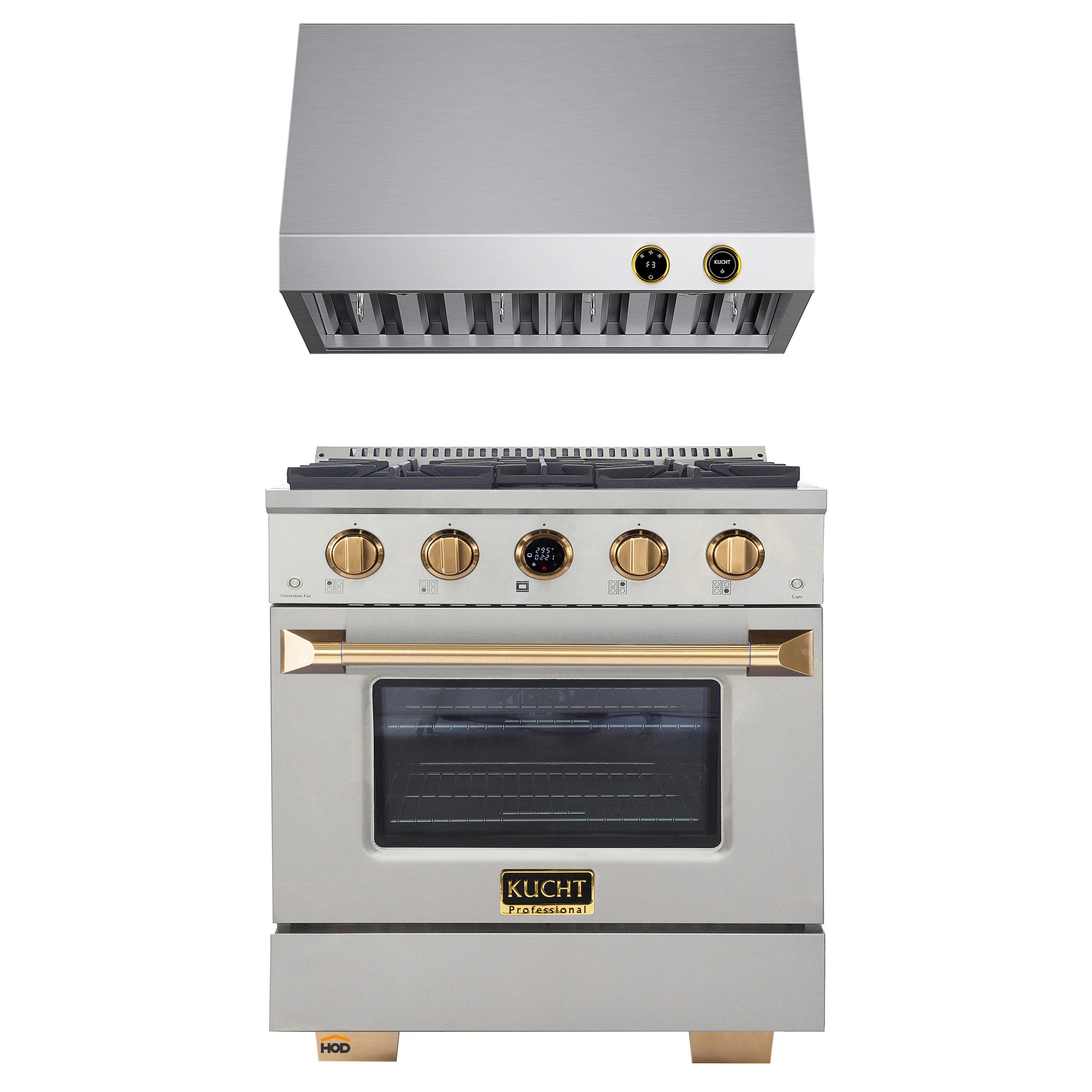 Stainless steel gas range with gold knobs and oven door with Kucht logo