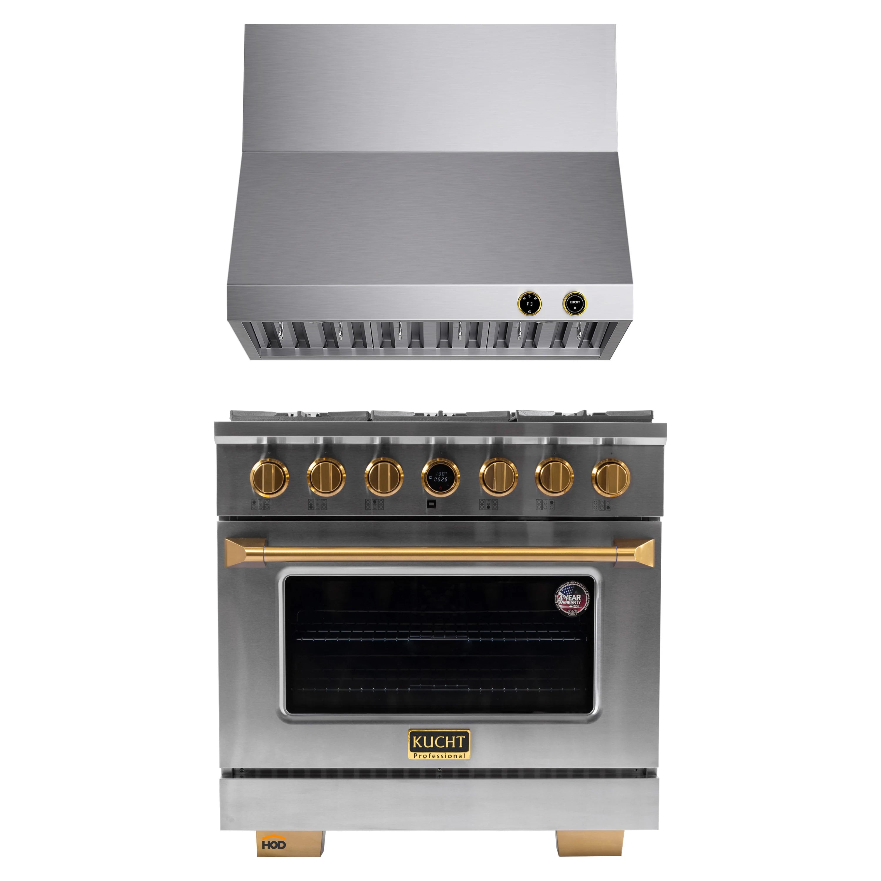 Stainless gas range with gold control knobs, oven door, and matching wall range hood.