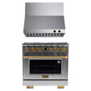 Kucht 2-Piece Appliance Package - 36-Inch Natural Gas Range with 5.2 Cu. Ft. Oven & Wall Mount Range Hood in Stainless Steel with Gold Accents