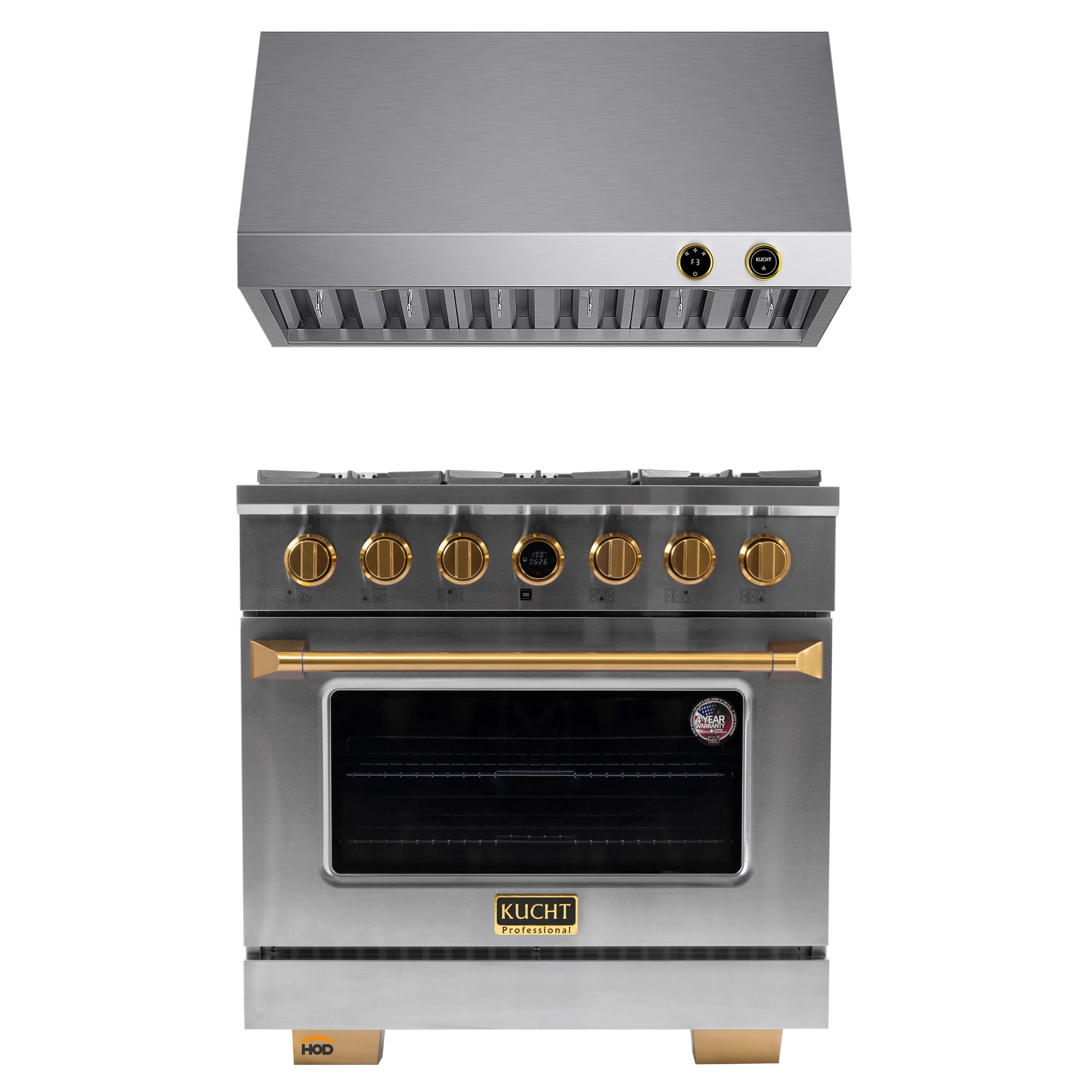 Stainless steel gas range with oven and under-cabinet hood in a coordinated set