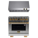 Kucht 2-Piece Appliance Package - 36-Inch Natural Gas Range with 5.2 Cu. Ft. Oven & Under Cabinet Range Hood in Stainless Steel with Gold Accents